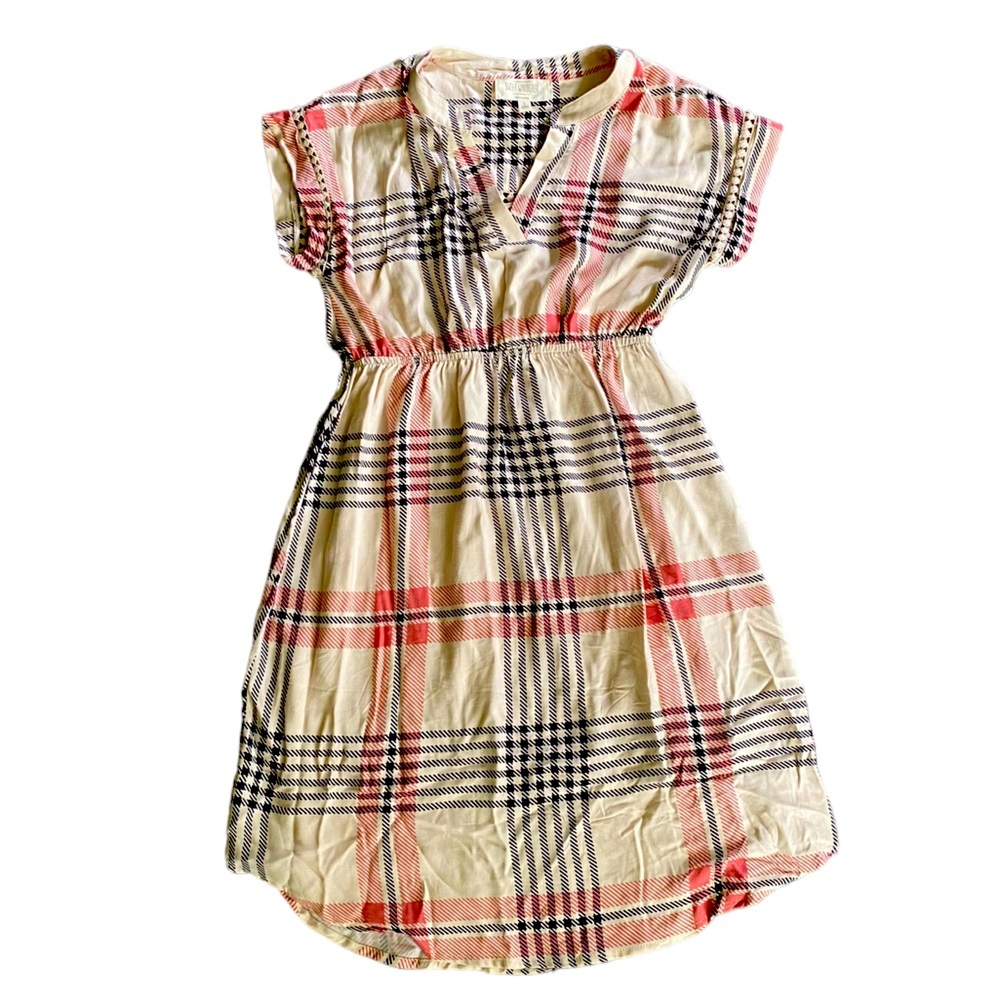 {Sweet Wanderer Maternity} Plaid V-Neck Midi Short Sleeve Maternity Dress